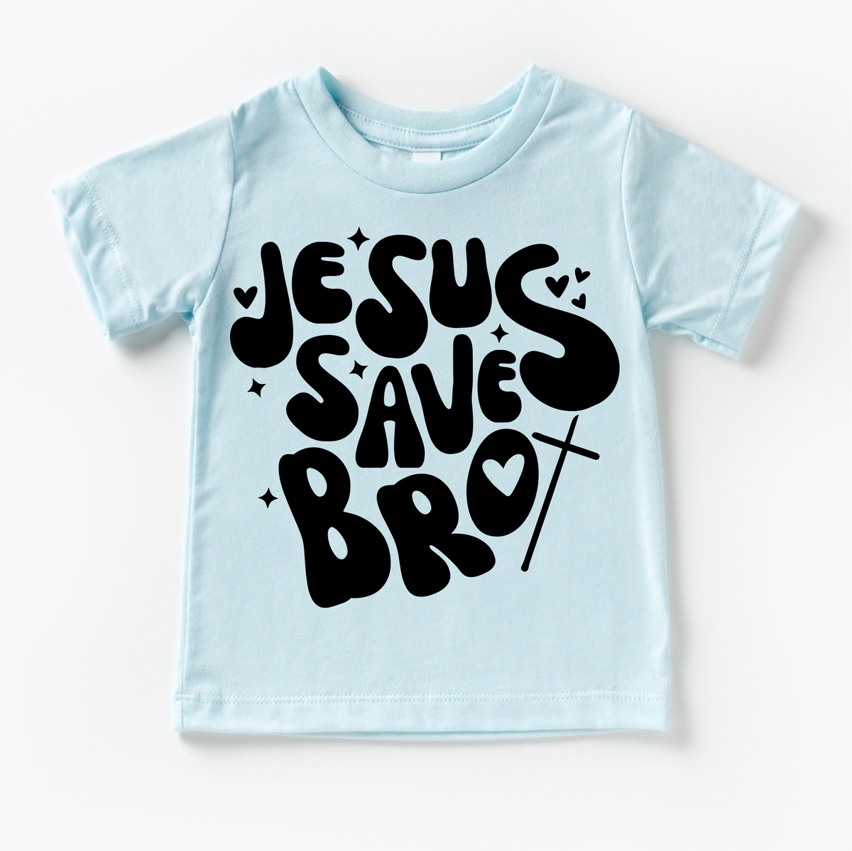 Jesus Saves Bro design on a blue garment.