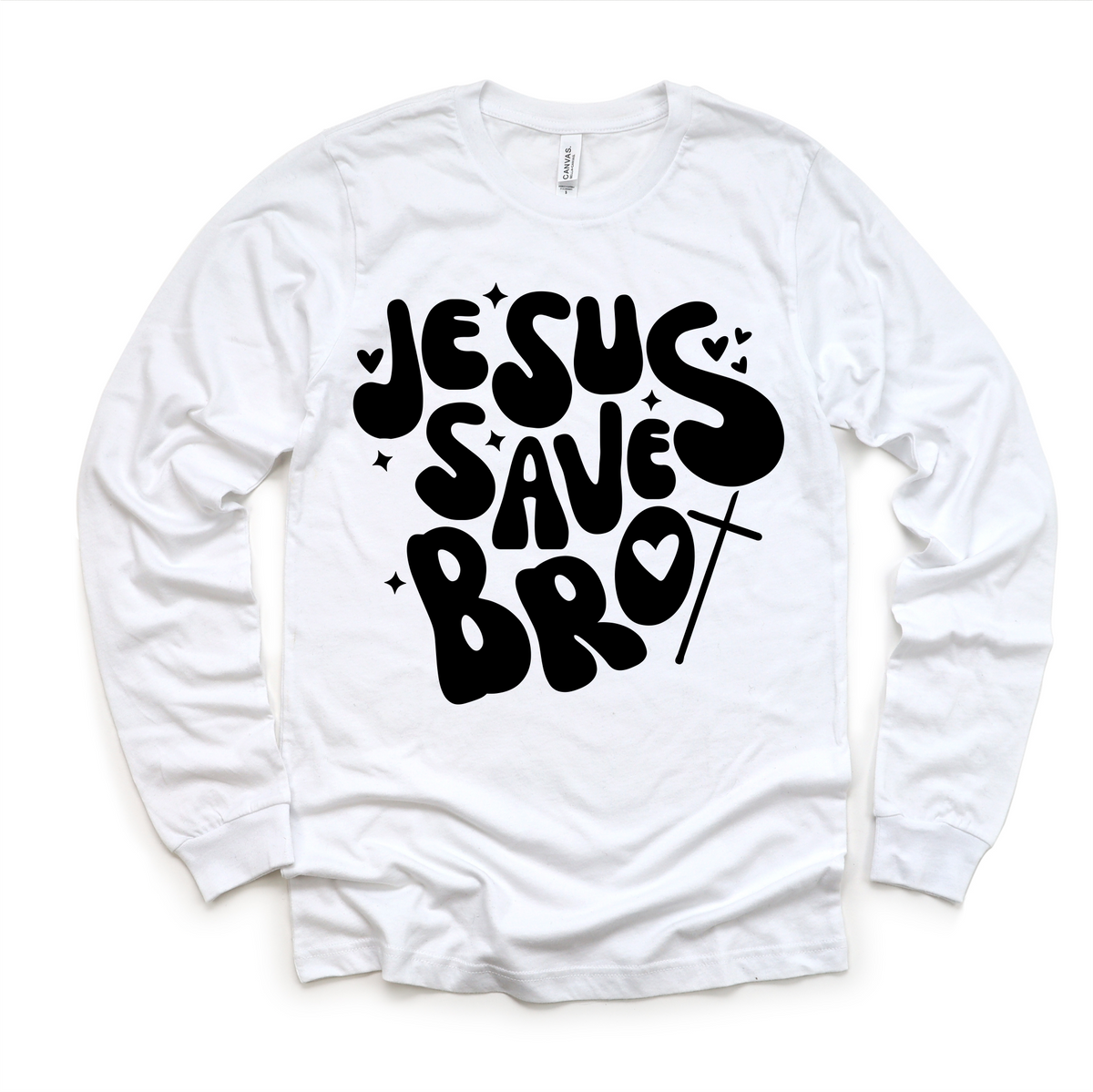 Jesus Saves Bro design on a long sleeve shirt.