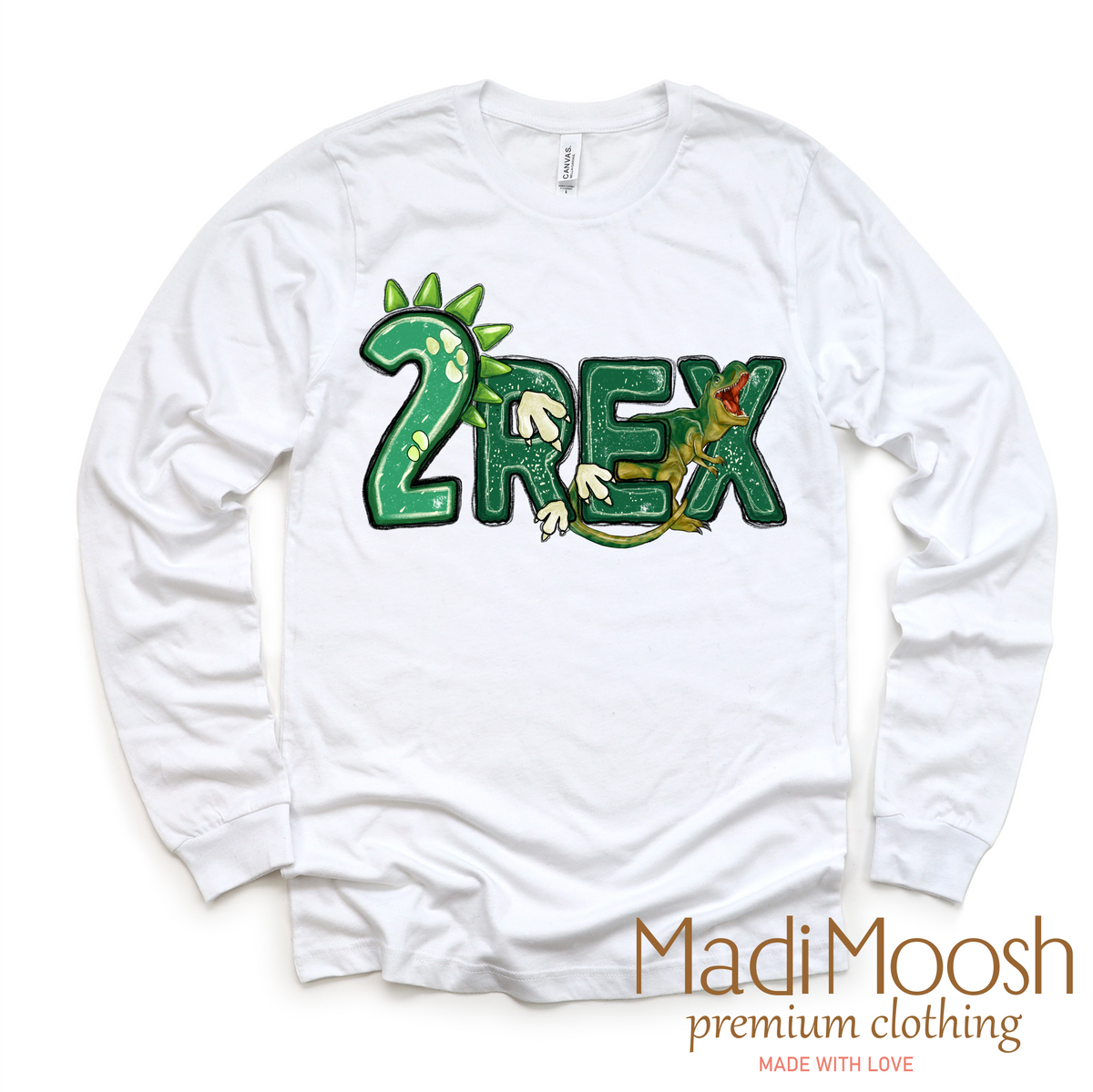 Two Rex Boys Birthday design on a long sleeve shirt.