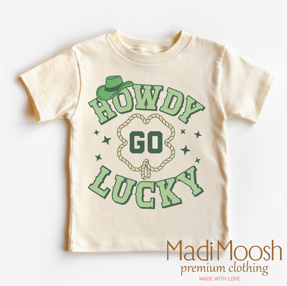 Howdy Go Lucky Western St. Patrick's Day graphic T-shirt by Madi Moosh