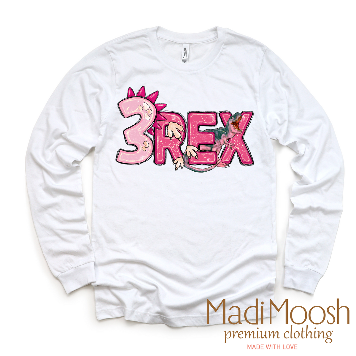 Girls 3 Rex Dinosaur Birthday design on a long sleeve shirt.