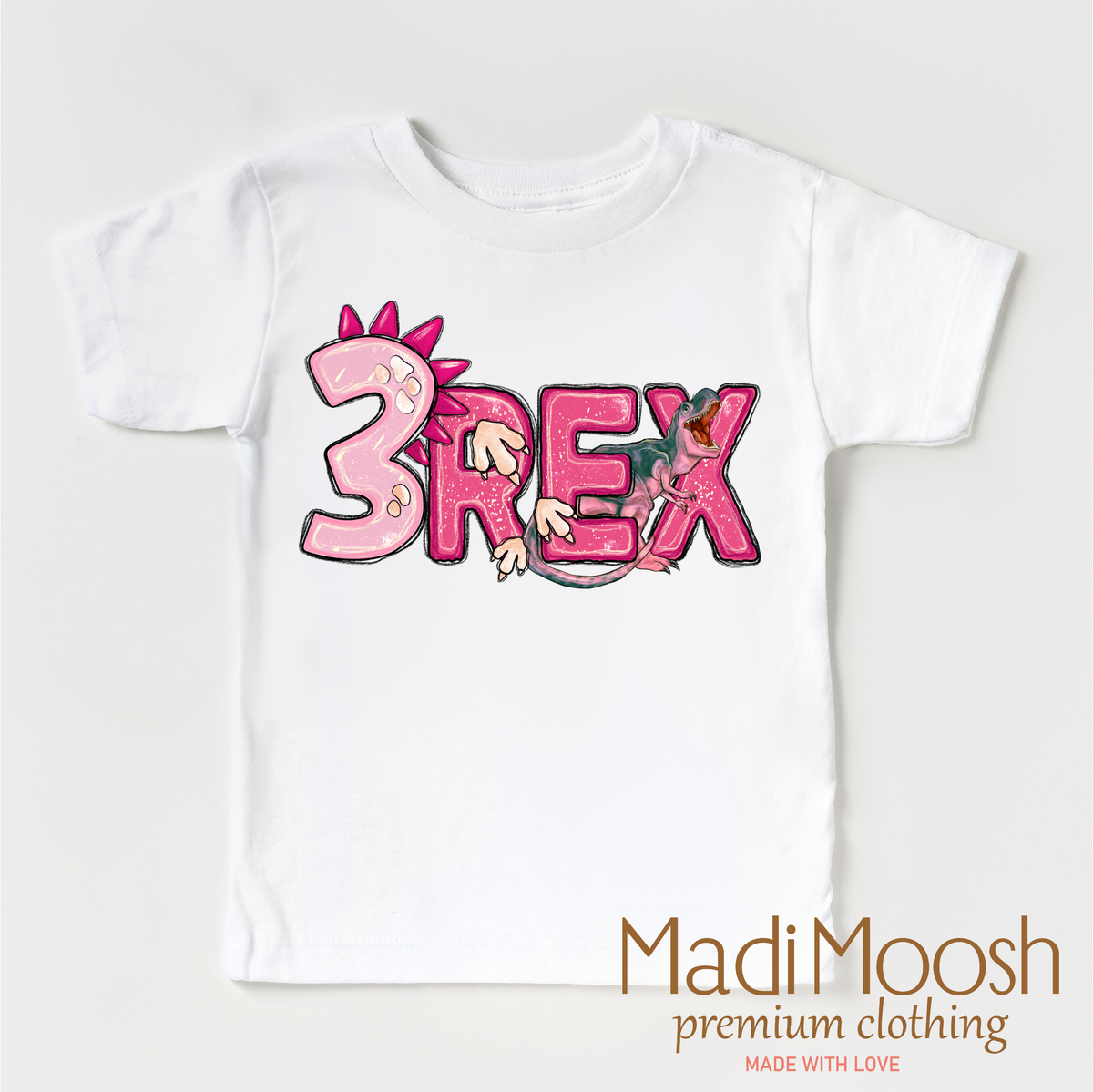 Girls 3 Rex Dinosaur Birthday design on a white garment.