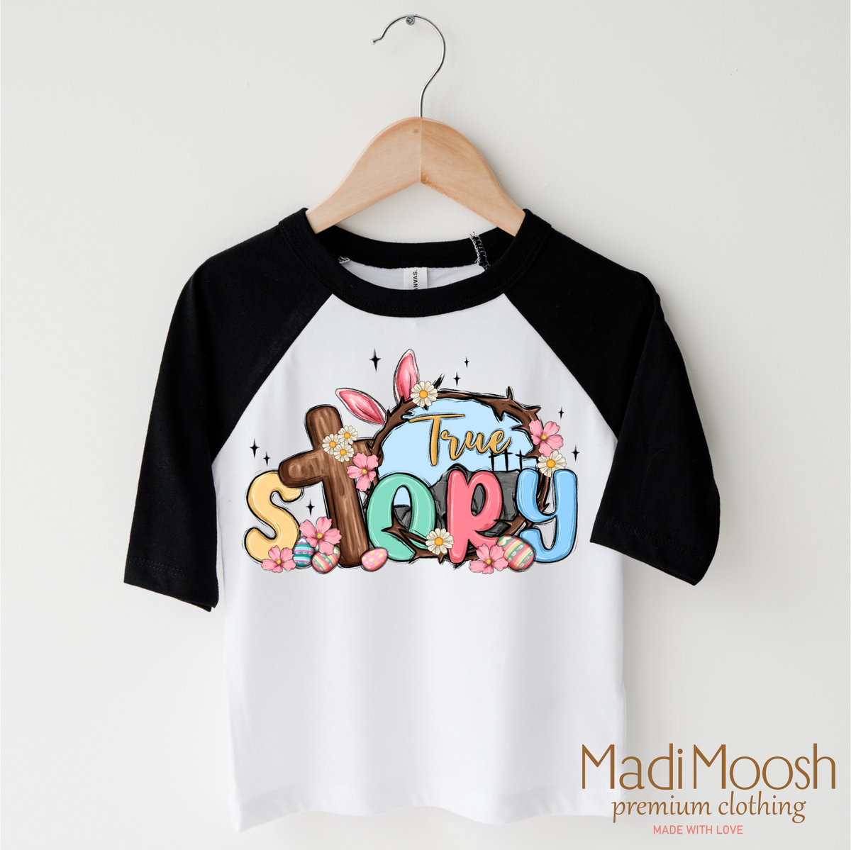 True Story Easter Christian design on a black-accented shirt.