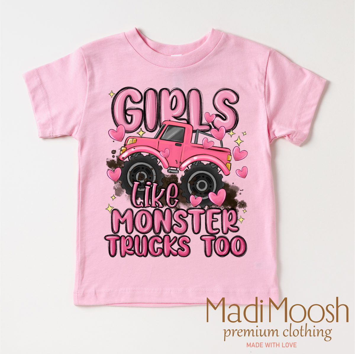 Girls Like Monster Trucks Too, Kids Monster Truck graphic T-shirt by Madi Moosh