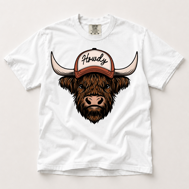 Howdy Highland cow western shirt in white