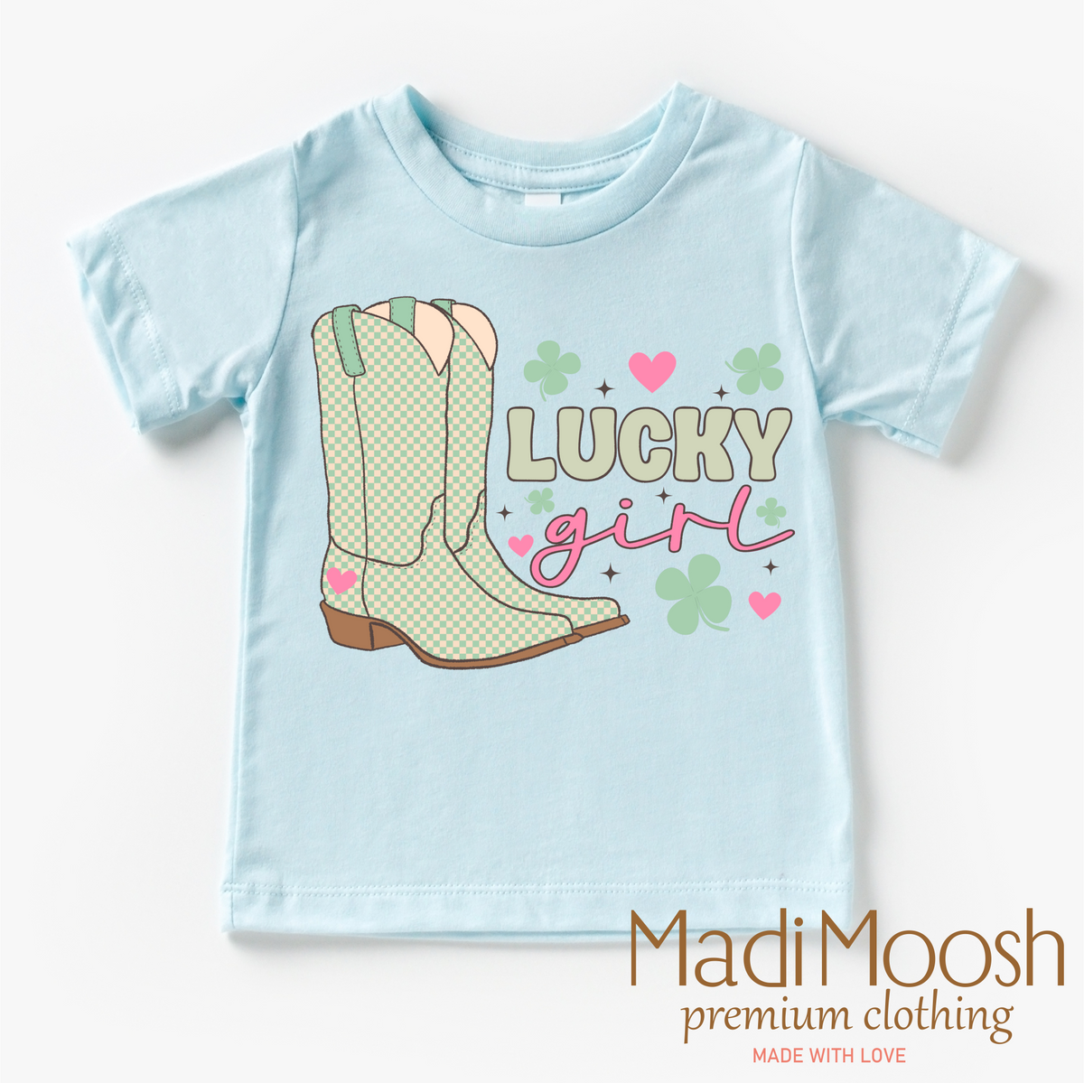 St. Patrick's Day Lucky Cowgirl design on a blue garment.