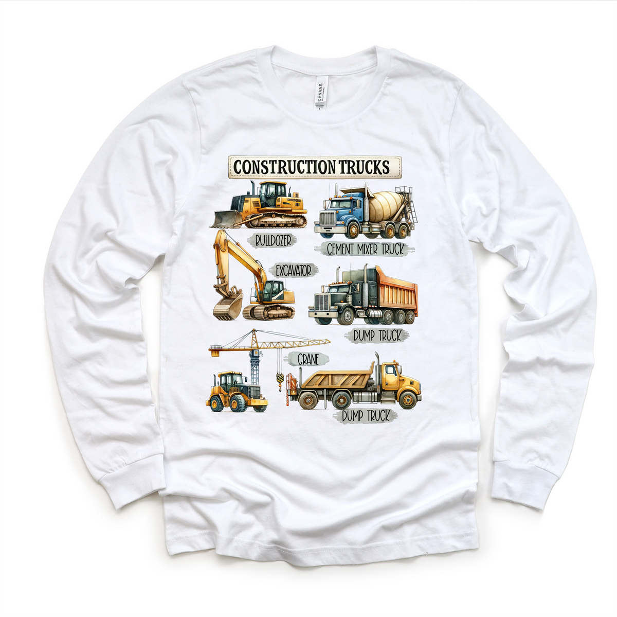 Construction Trucks design on a long sleeve shirt.