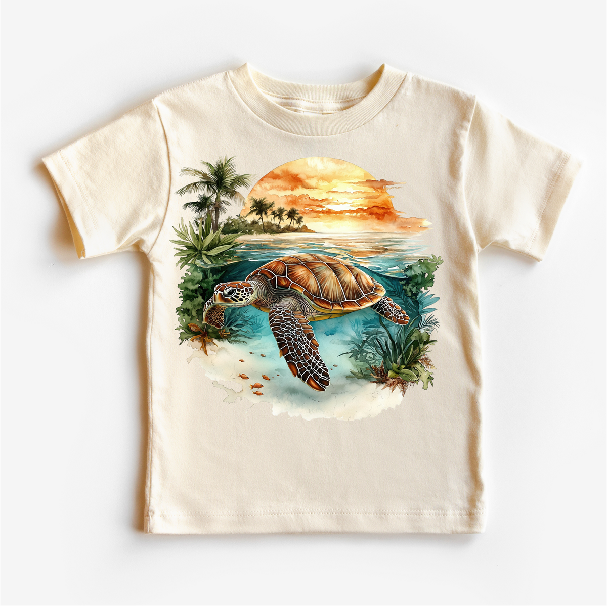 Retro Sea Turtle Watercolor Ocean Scene, Kids graphic T-shirt by Madi Moosh