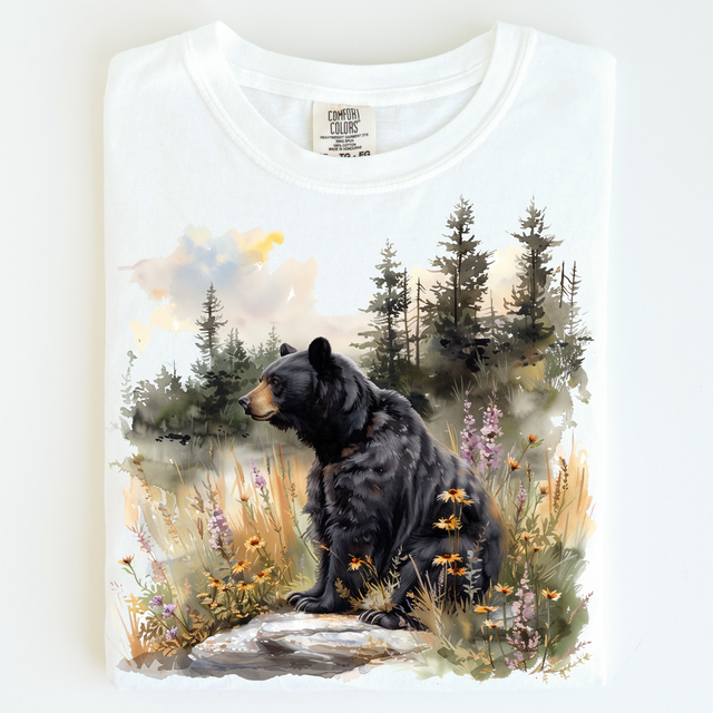 Retro Black Bear Wilderness Scene Shirt - Printed On Comfort Colors