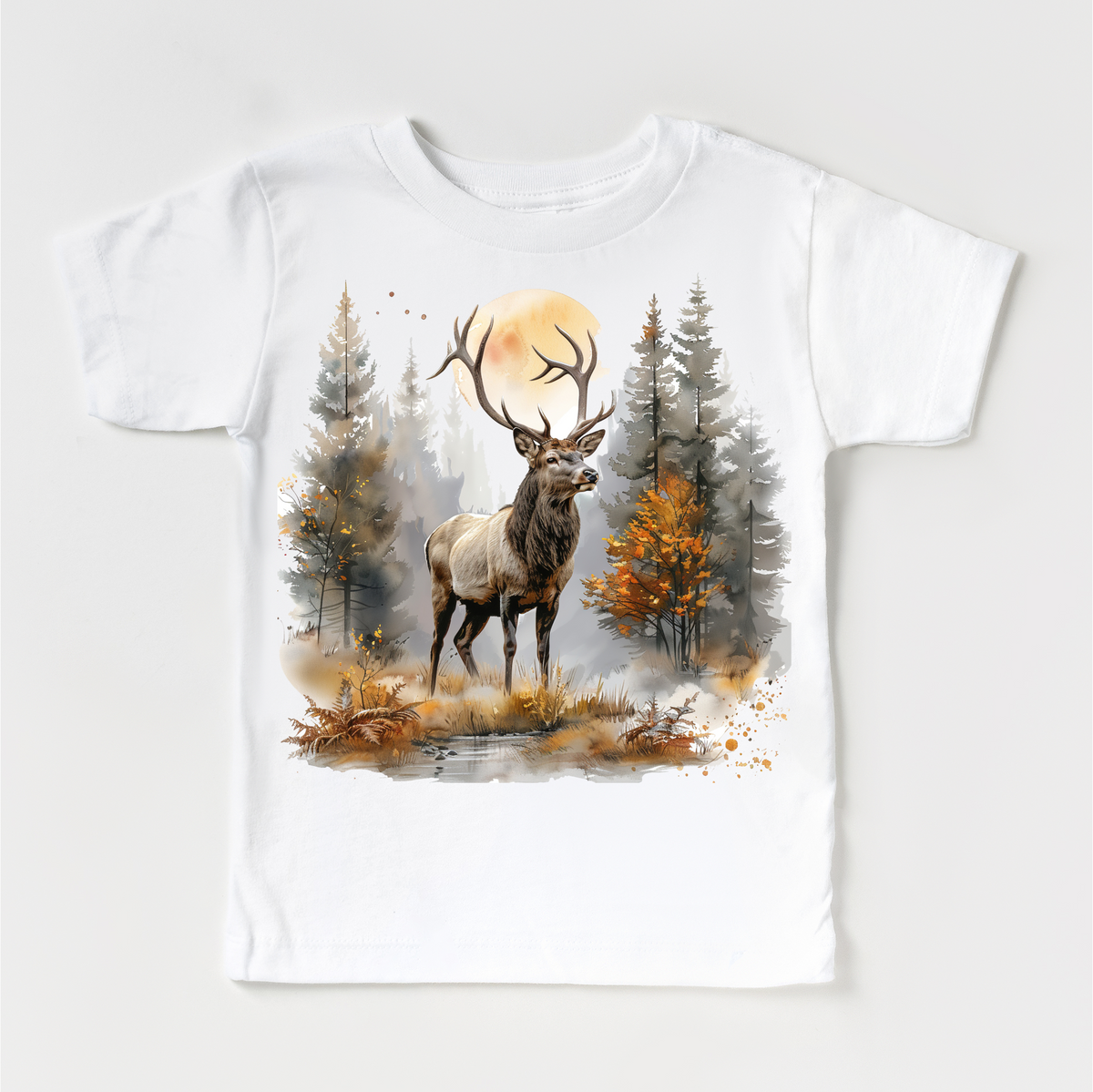 Retro Elk Watercolor Nature Scene design on a white garment.