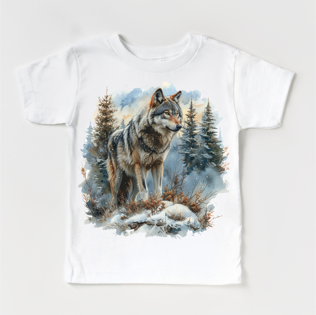 Retro Wolf Watercolor Nature Scene Shirt - Kids Tee