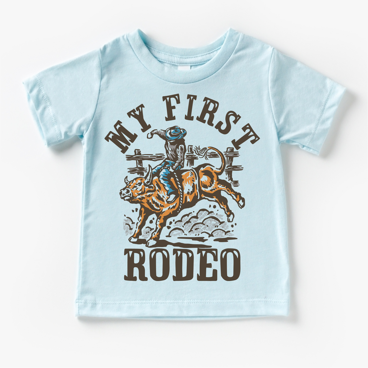 My First Rodeo Birthday design on a blue garment.