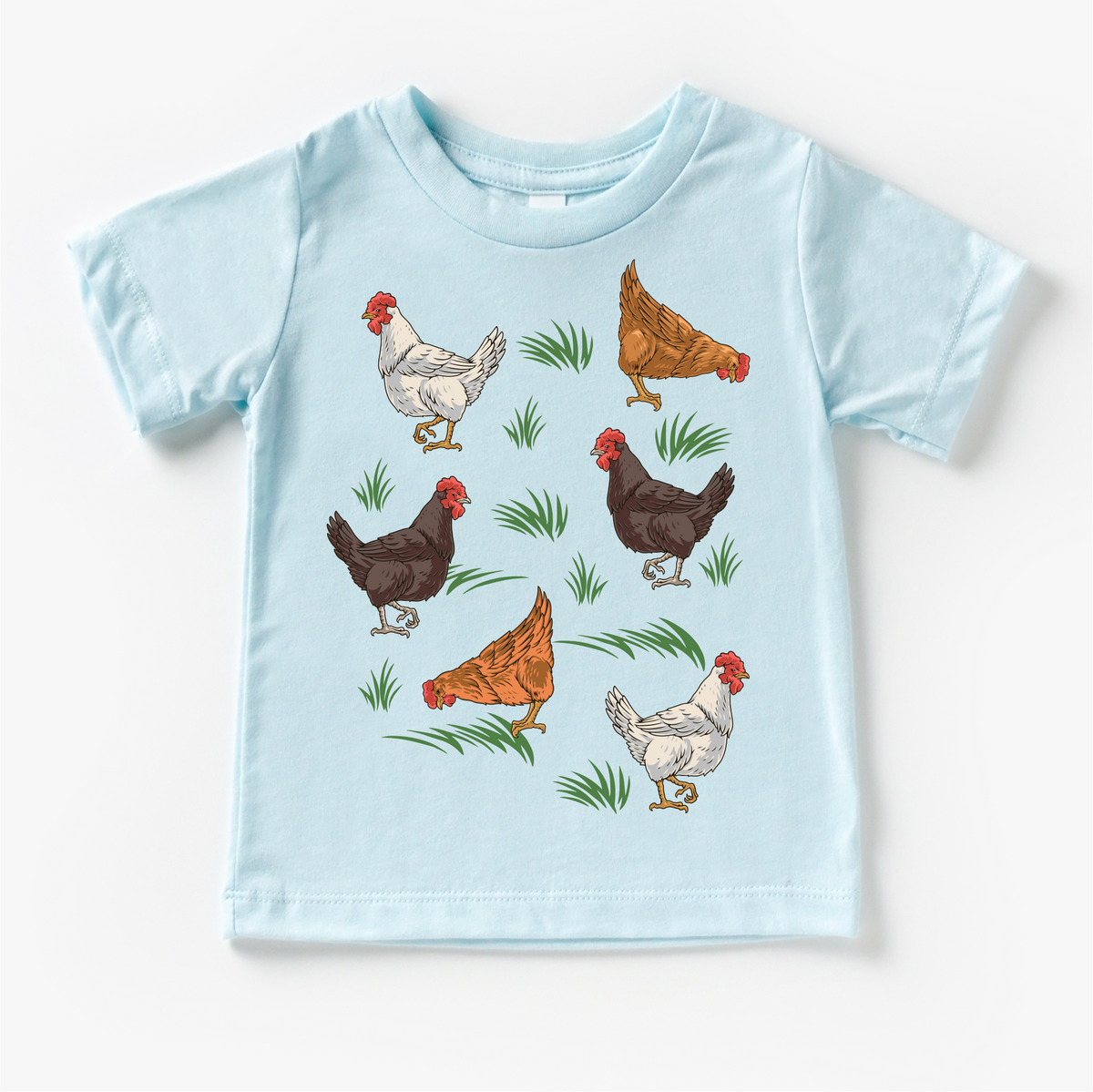 Cute Retro Chicken Farm design on a blue garment.