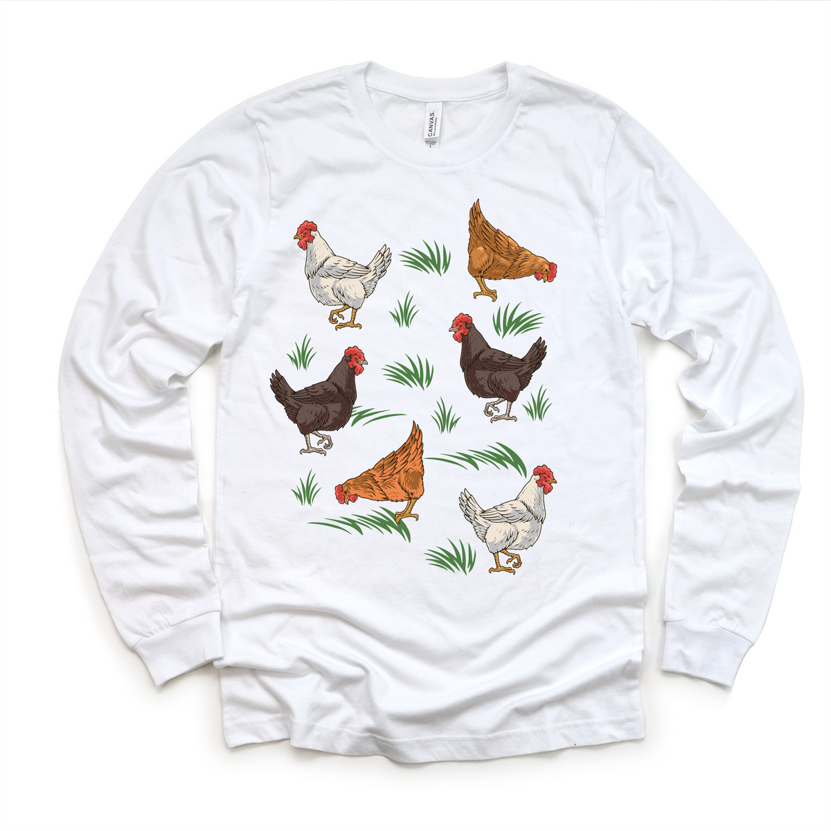 Cute Retro Chicken Farm design on a long sleeve shirt.