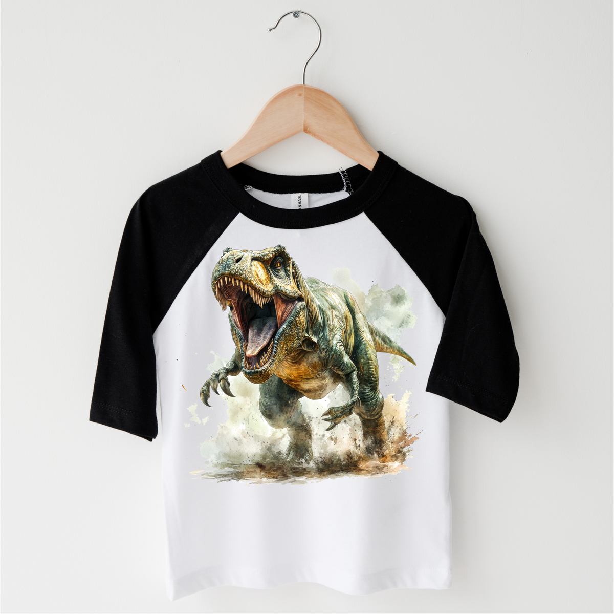 Retro T-REX Dinosaur design on a black-accented shirt.