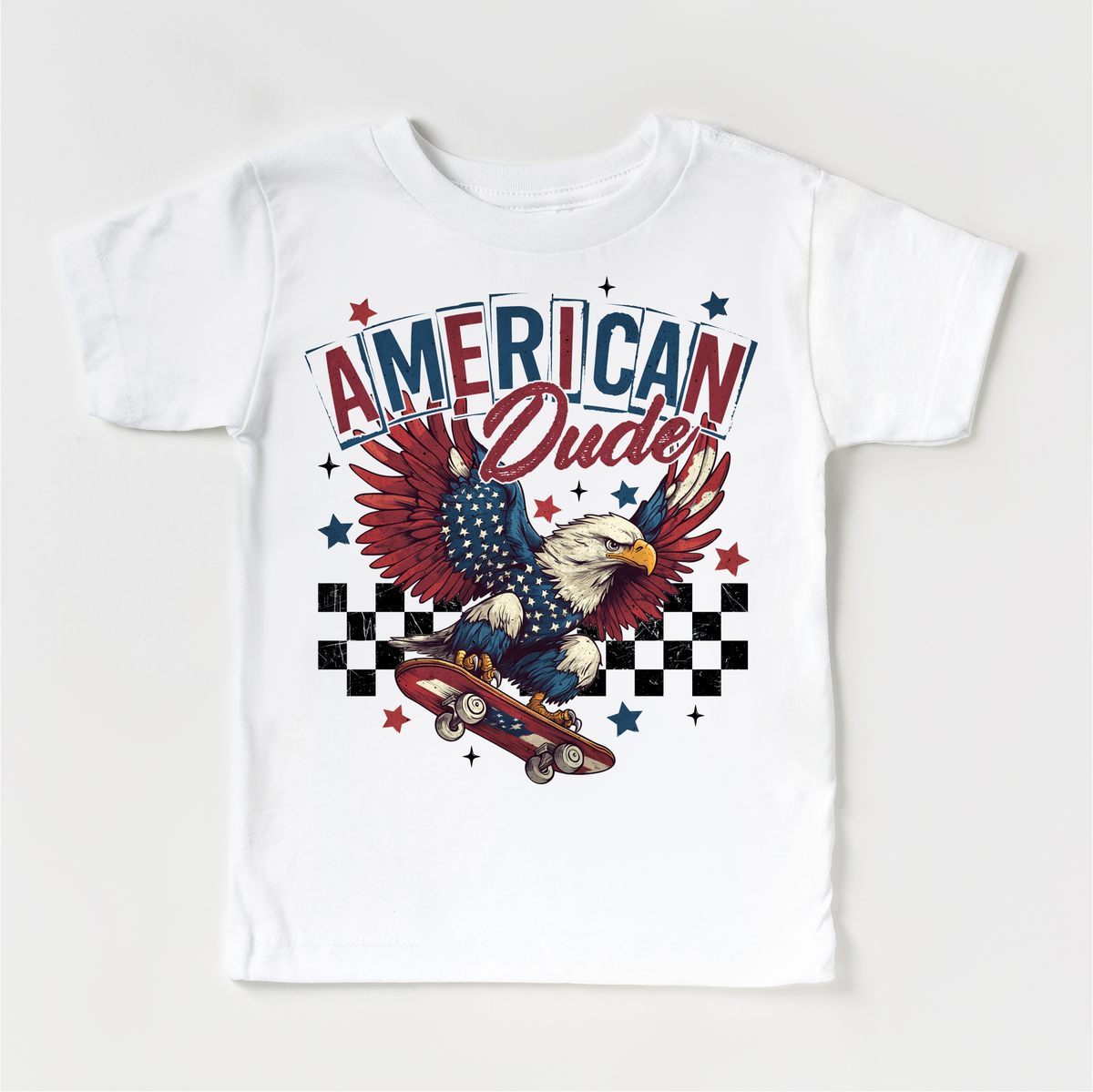 American Dude Retro Skate July 4th design on a white garment.