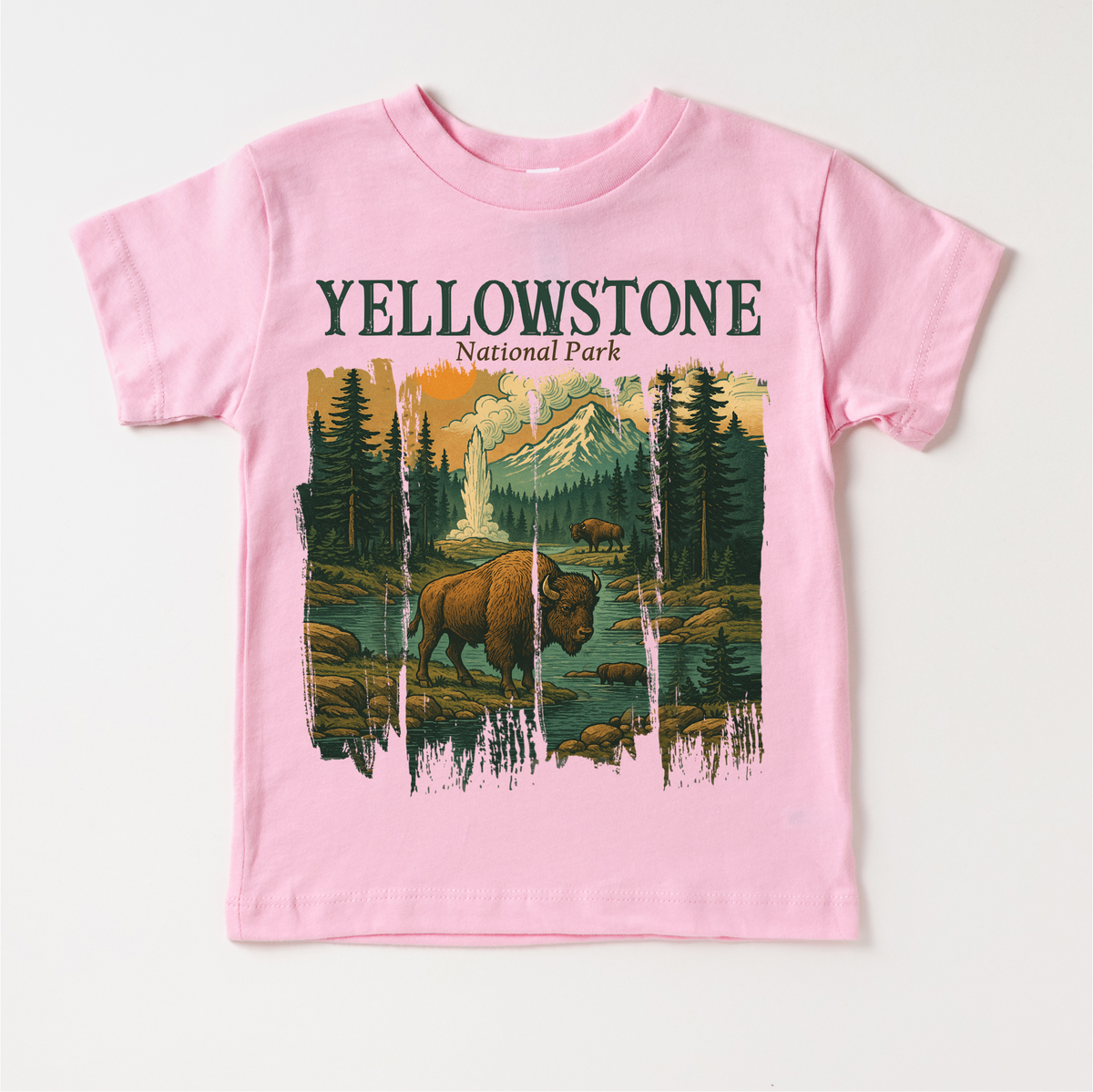 Yellowstone Natural Park design on a pink garment.