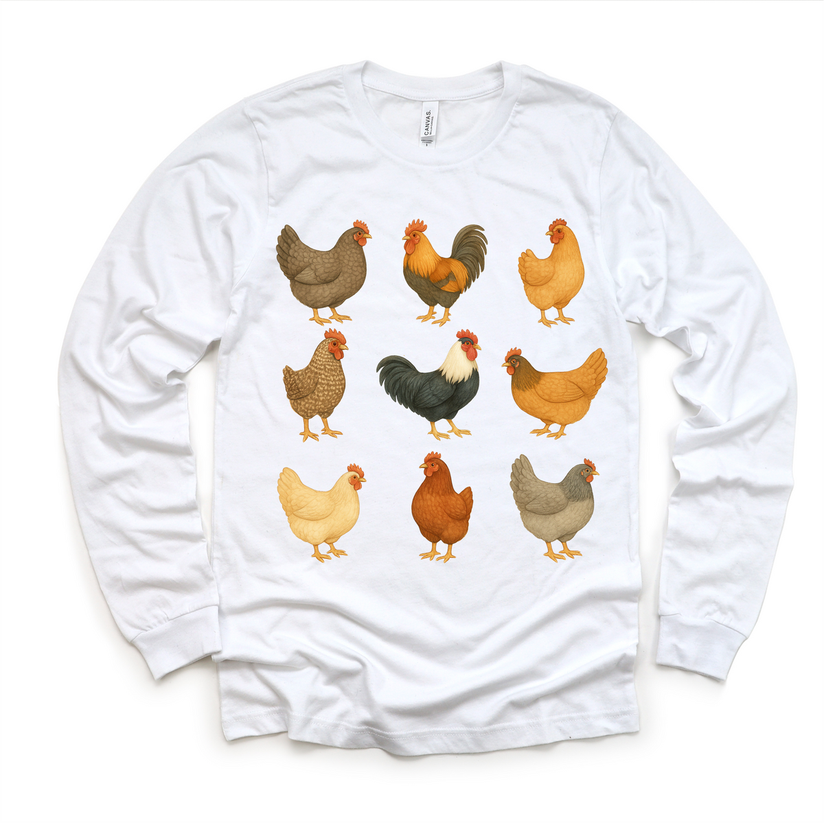 Chicken Rooster Farm design on a long sleeve shirt.
