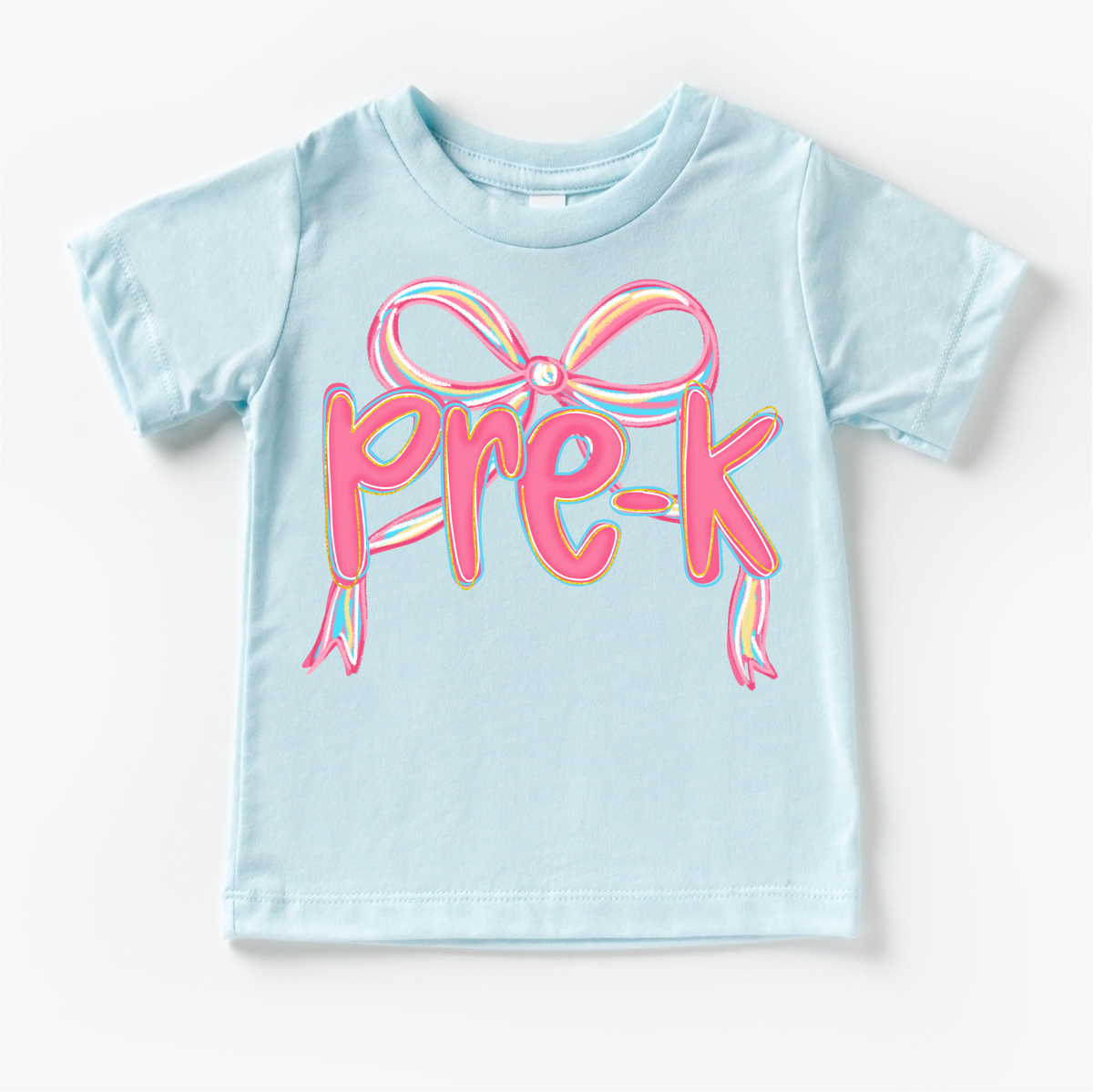 Girls Pre-K Bow Back To School design on a blue garment.