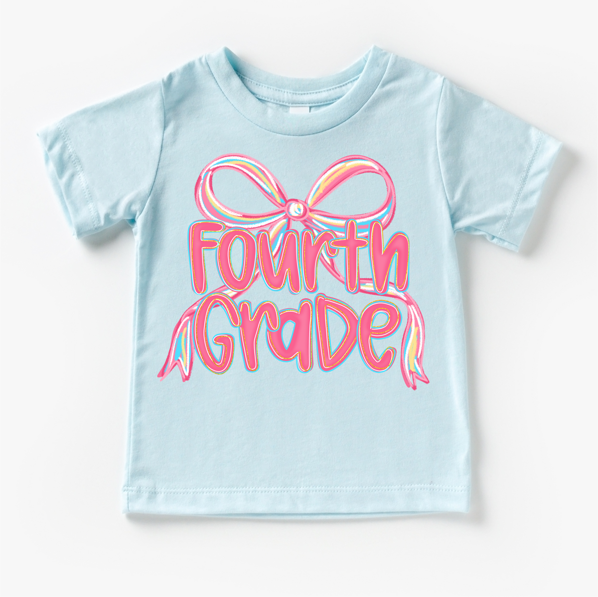 Girls Fourth Bow Back To School design on a blue garment.