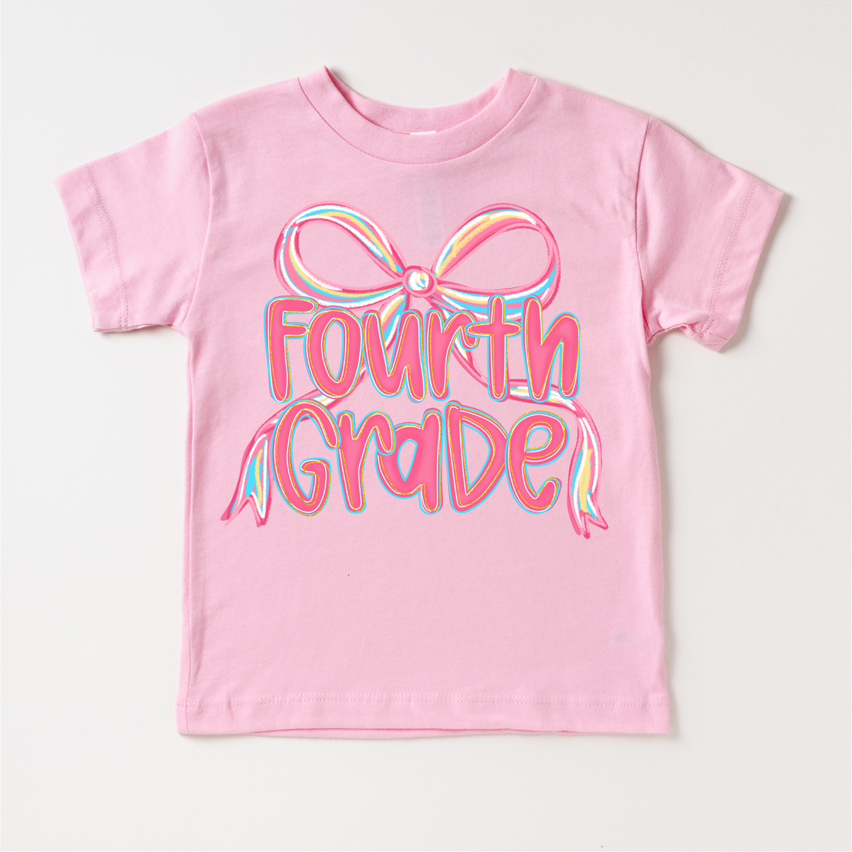Girls Fourth Bow Back To School design on a pink garment.