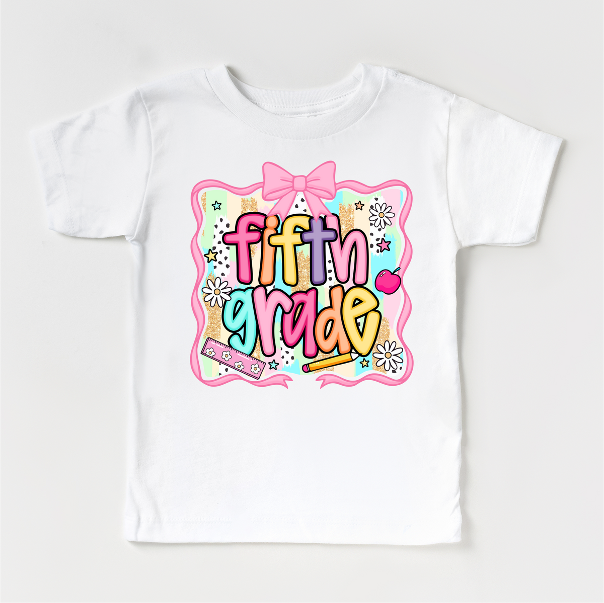Girls 5th grade School design on a white garment.