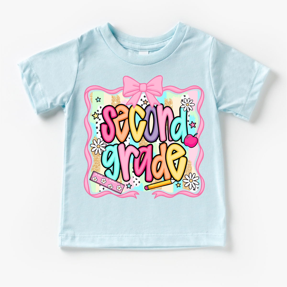 Girls 2nd Grade School design on a blue garment.