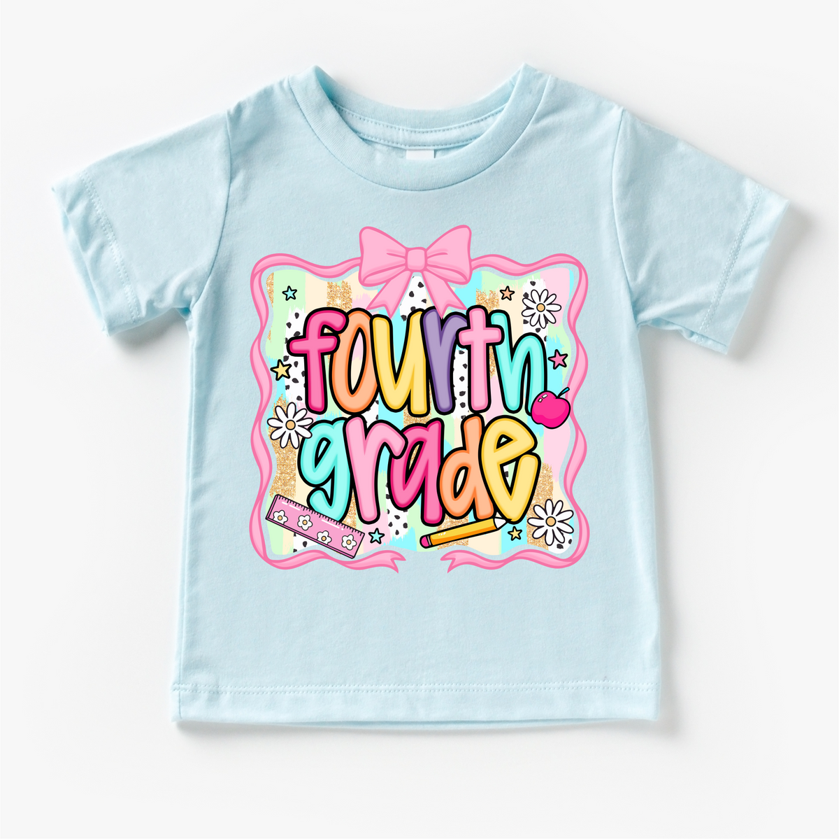 Girls 4th grade School design on a blue garment.