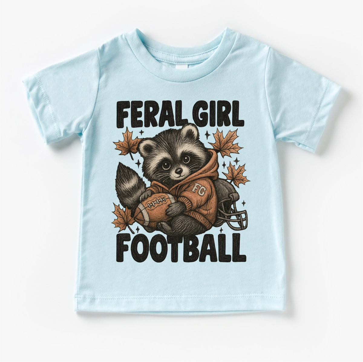 Feral Girl Football Raccoon design on a blue garment.