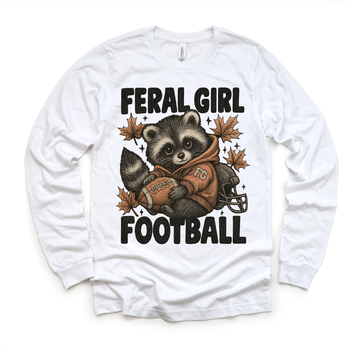 Feral Girl Football Raccoon design on a long sleeve shirt.
