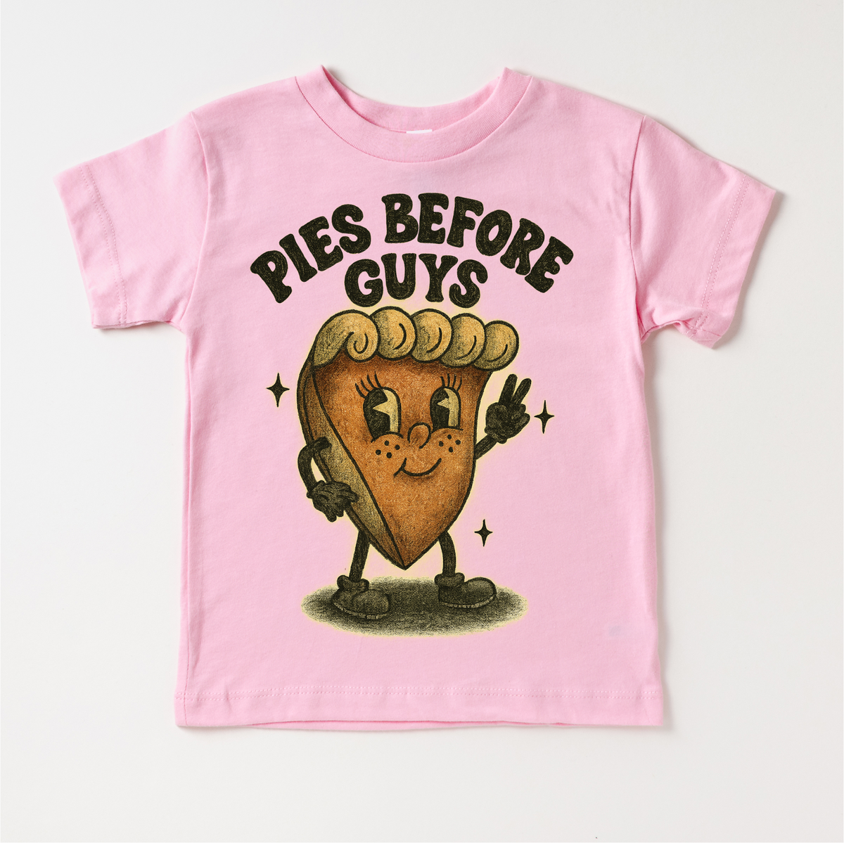Pies Before Guys Thanksgiving design on a pink garment.
