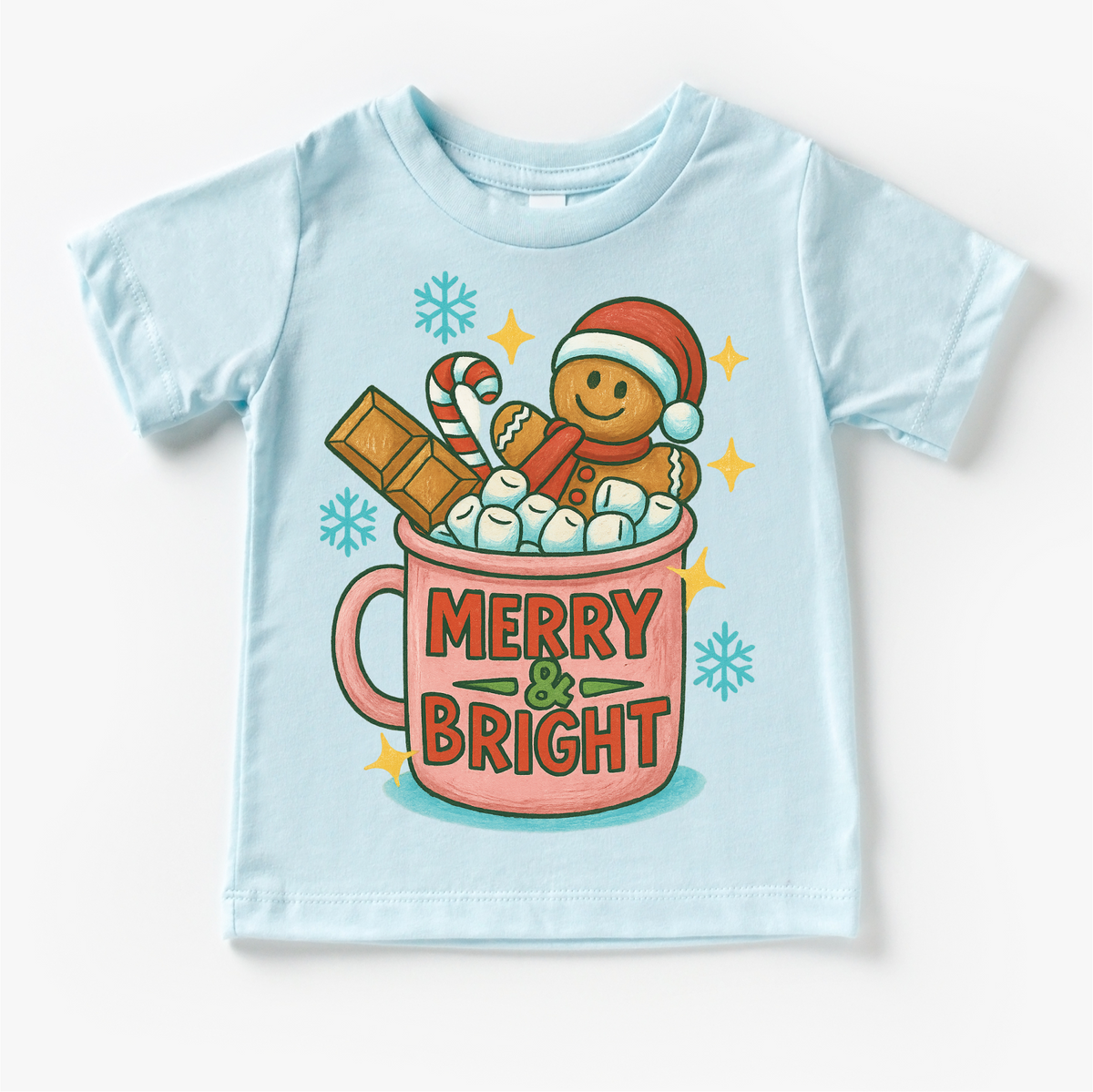Merry & Bright Gingerbread Man design on a blue garment.