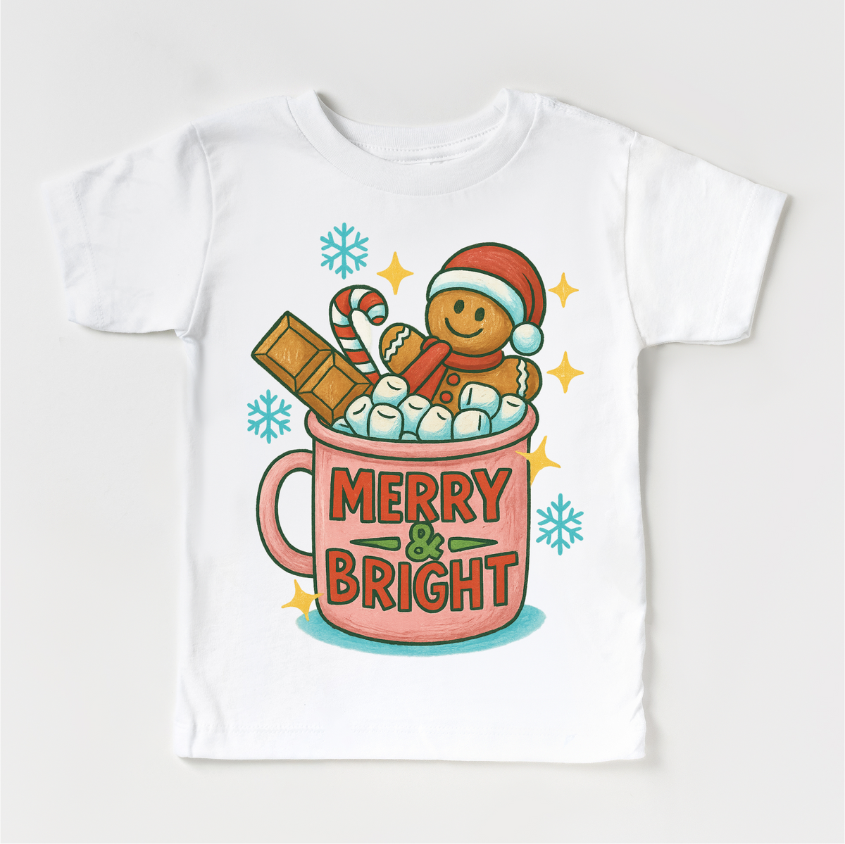 Merry & Bright Gingerbread Man design on a white garment.