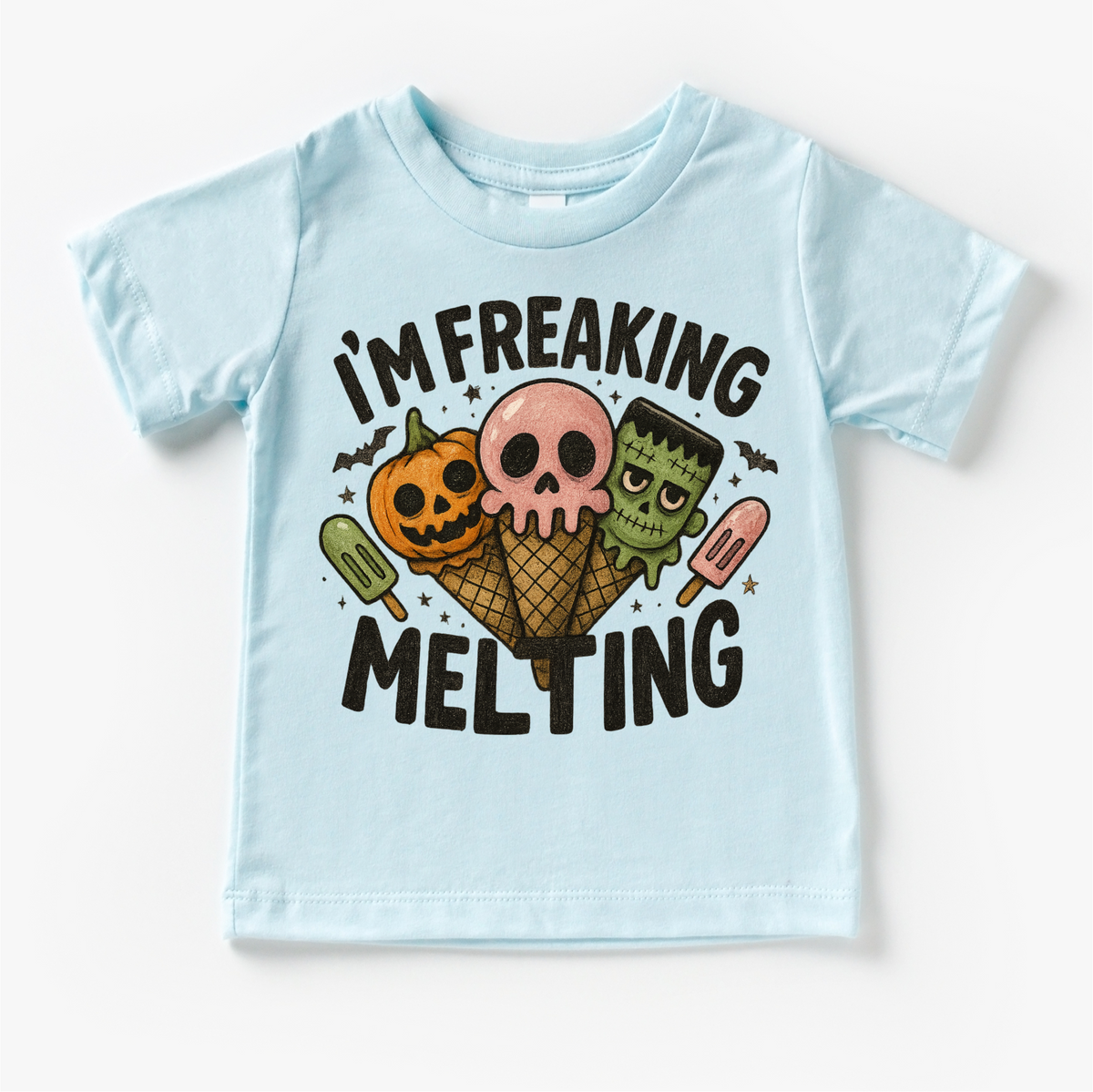 I'm Freaking Melting Ice-cream Halloween design on a blue garment.