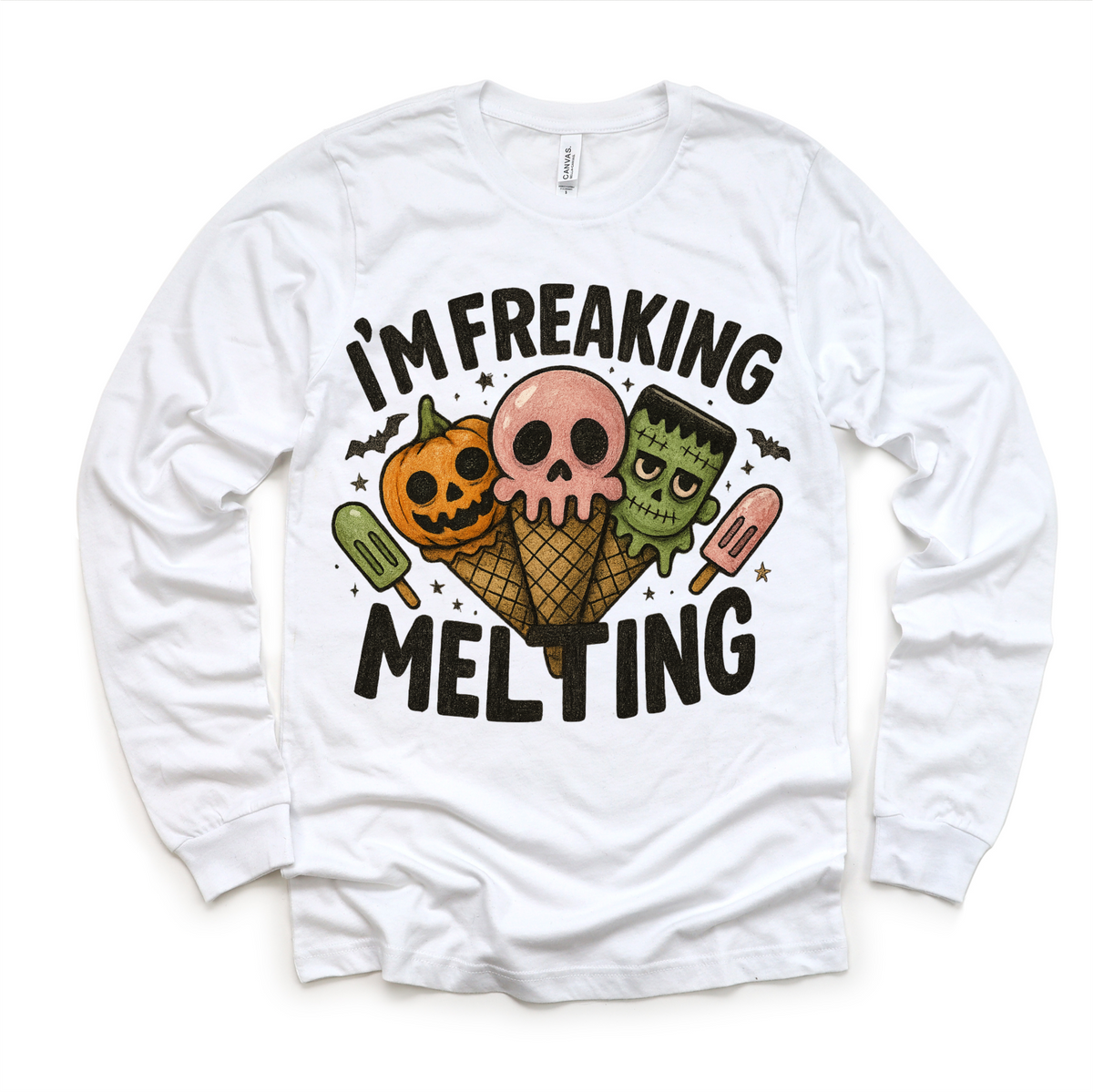 I'm Freaking Melting Ice-cream Halloween design on a long sleeve shirt.