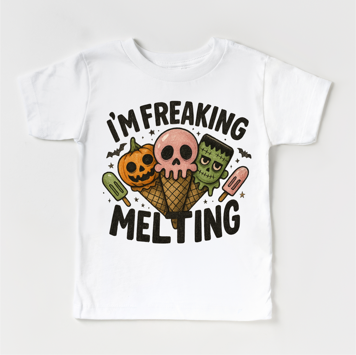 I'm Freaking Melting Ice-cream Halloween design on a white garment.