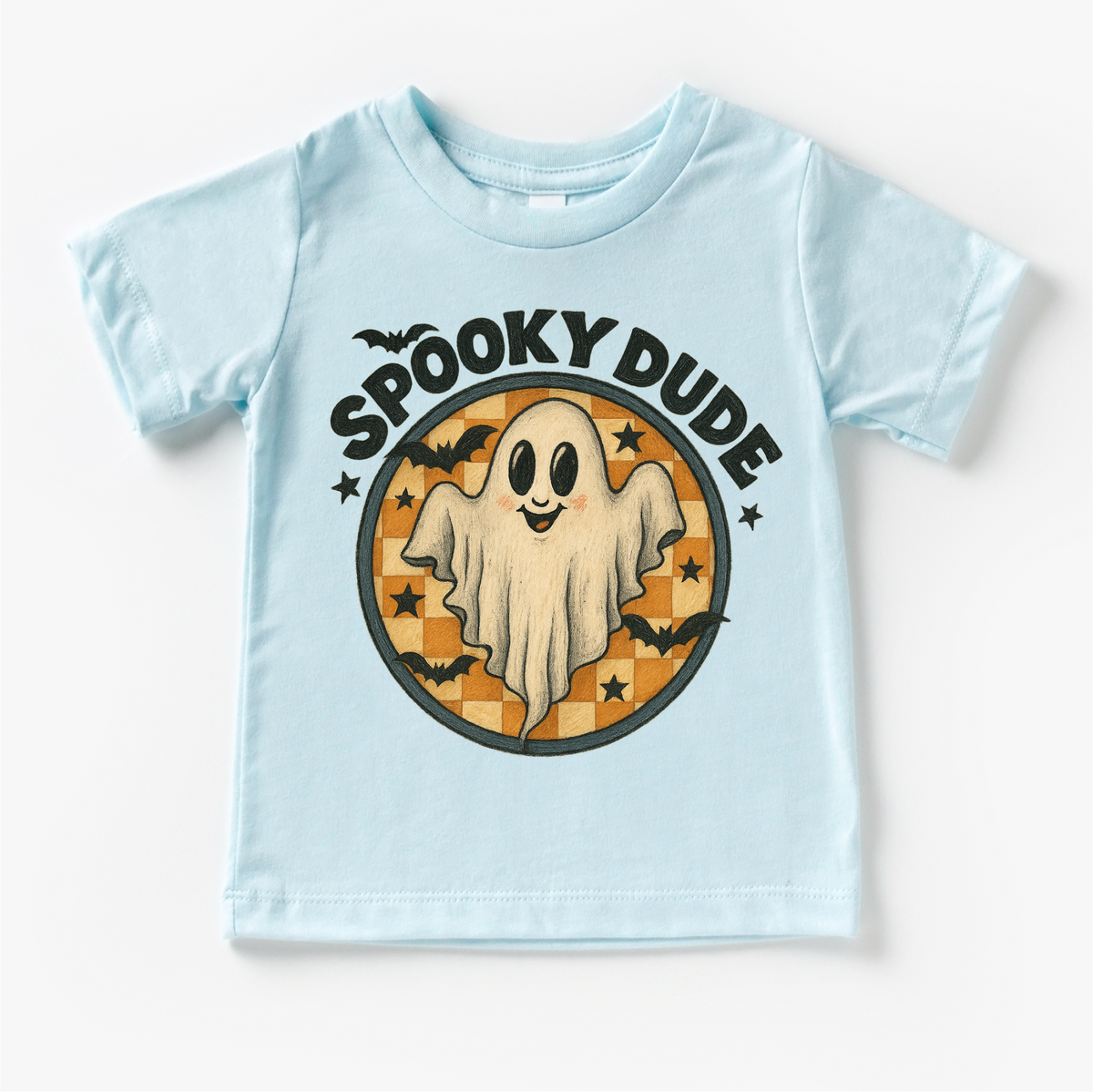Spooky Dude Ghost Halloween design on a blue garment.