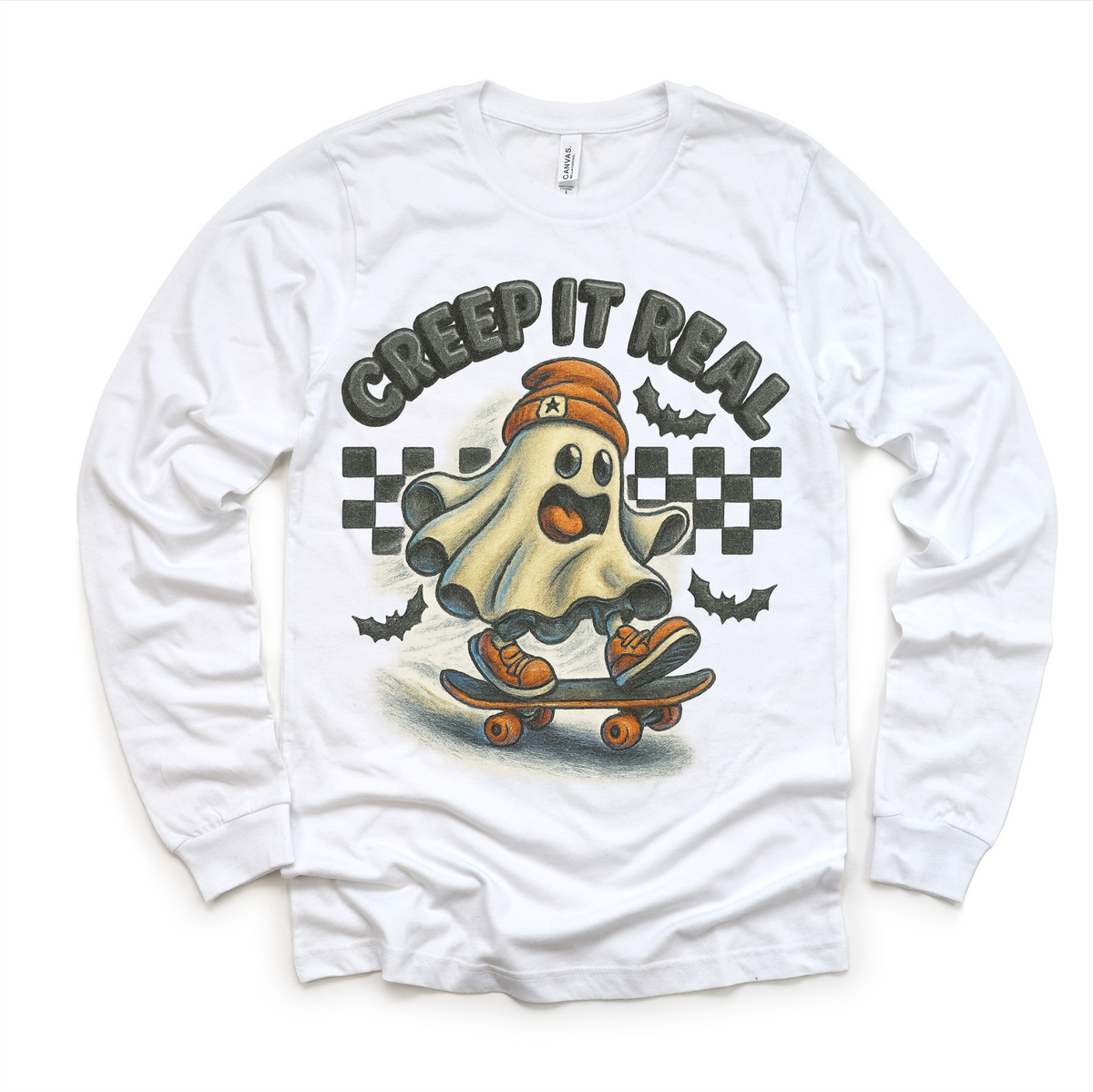 Creep It Real Skateboard Ghost Halloween design on a long sleeve shirt.