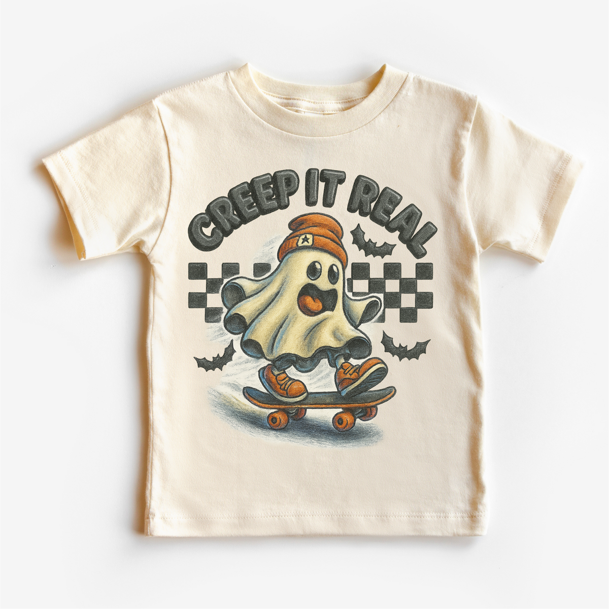 Creep It Real Skateboard Ghost Halloween graphic T-shirt by Madi Moosh