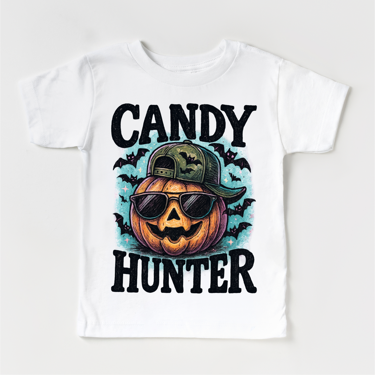 Candy Hunter Halloween design on a white garment.
