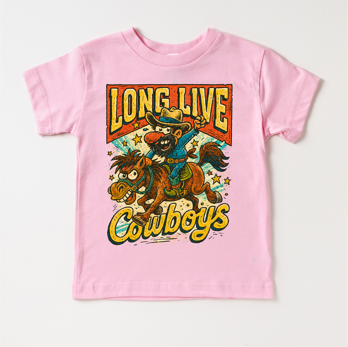 Long Live Cowboys Rodeo Country Western design on a pink garment.