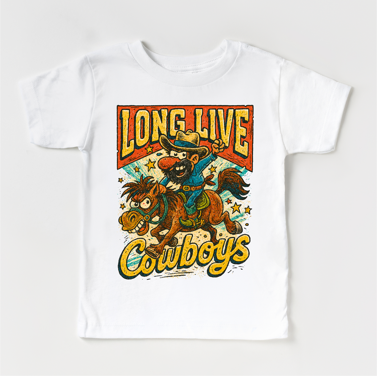 Long Live Cowboys Rodeo Country Western design on a white garment.