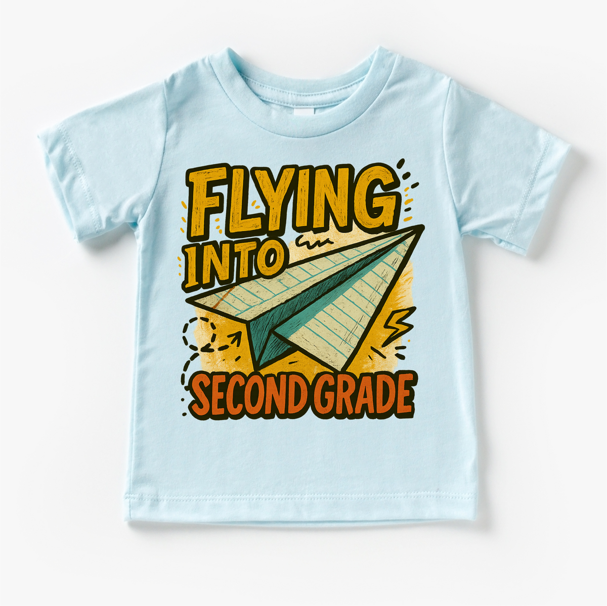 Flying Into Second Grade Back To School design on a blue garment.