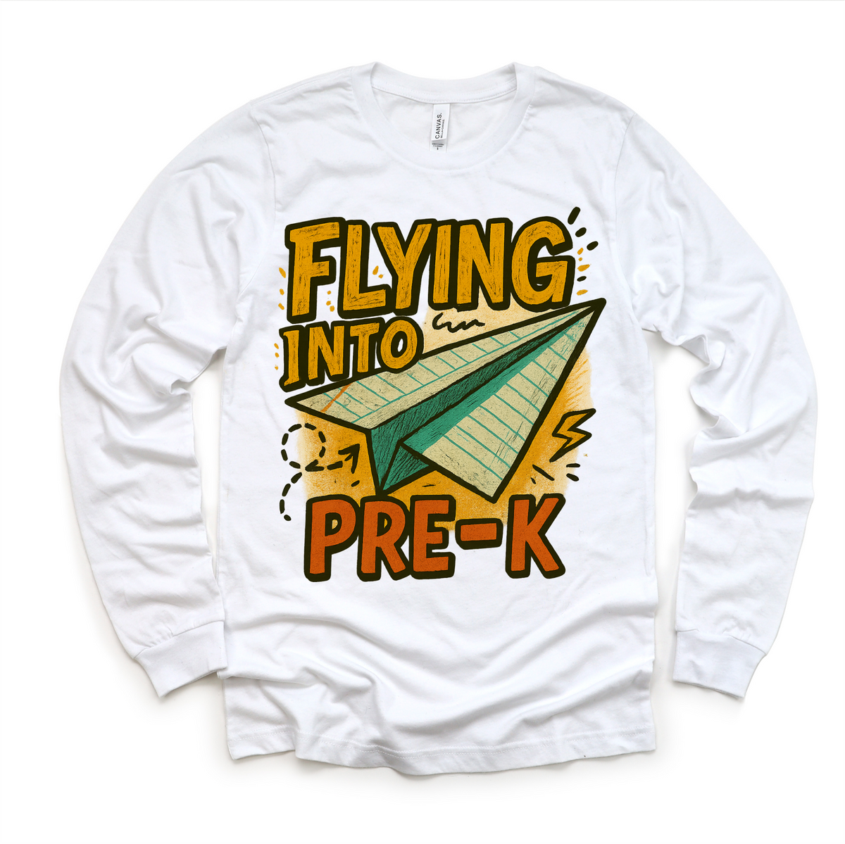 Flying Into Pre-K Back To School design on a long sleeve shirt.