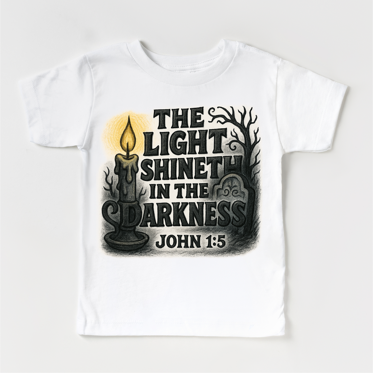 The Light Shineth In The Darkness design on a white garment.