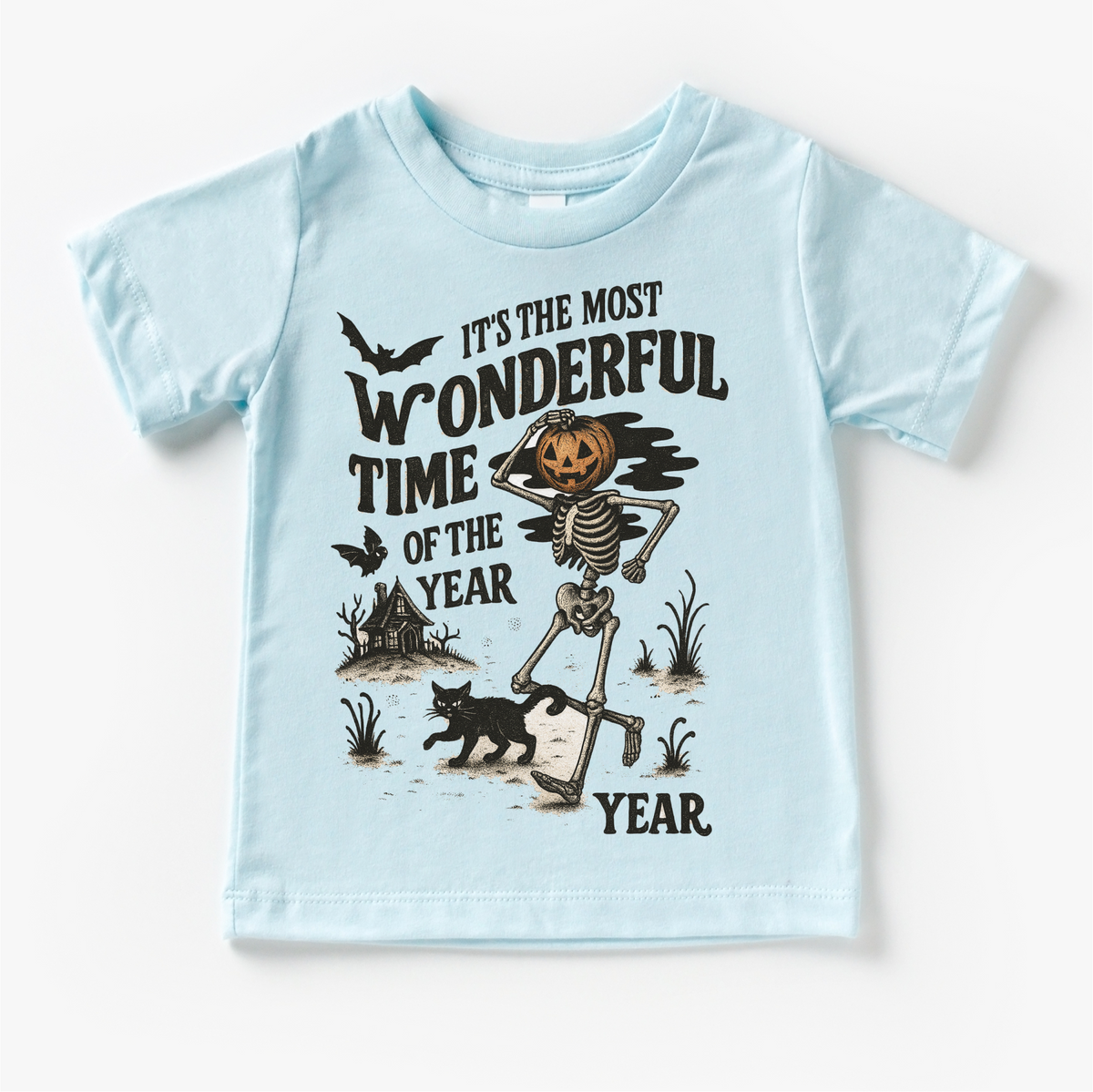 Most Wonderful Time Of The Year design on a blue garment.
