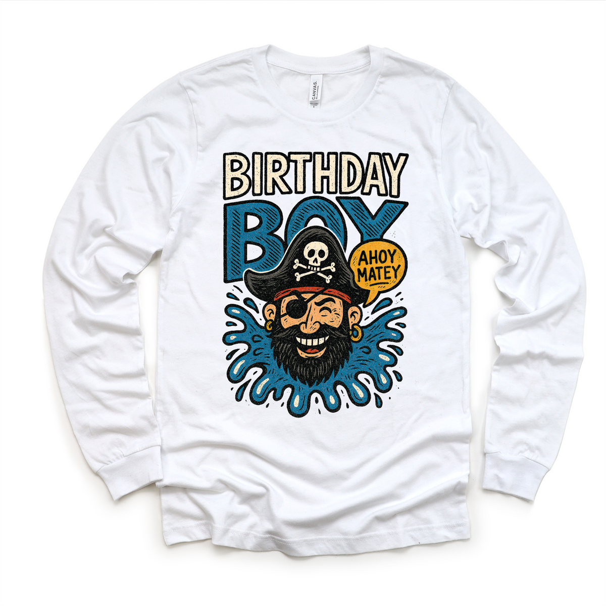 Pirate Birthday Boy design on a long sleeve shirt.
