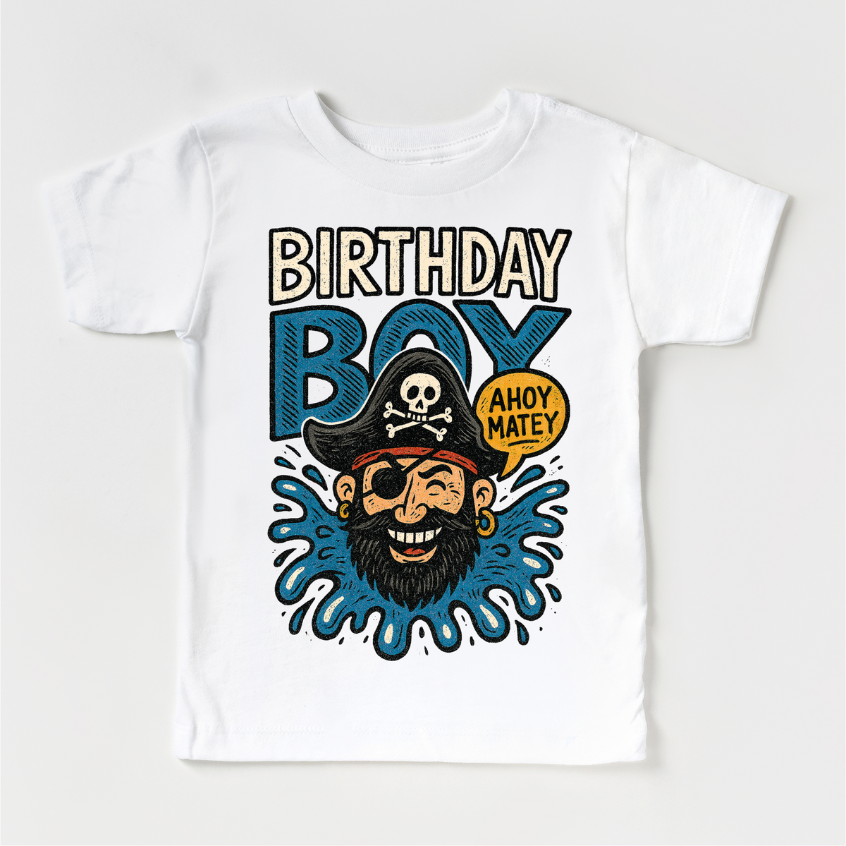 Pirate Birthday Boy design on a white garment.