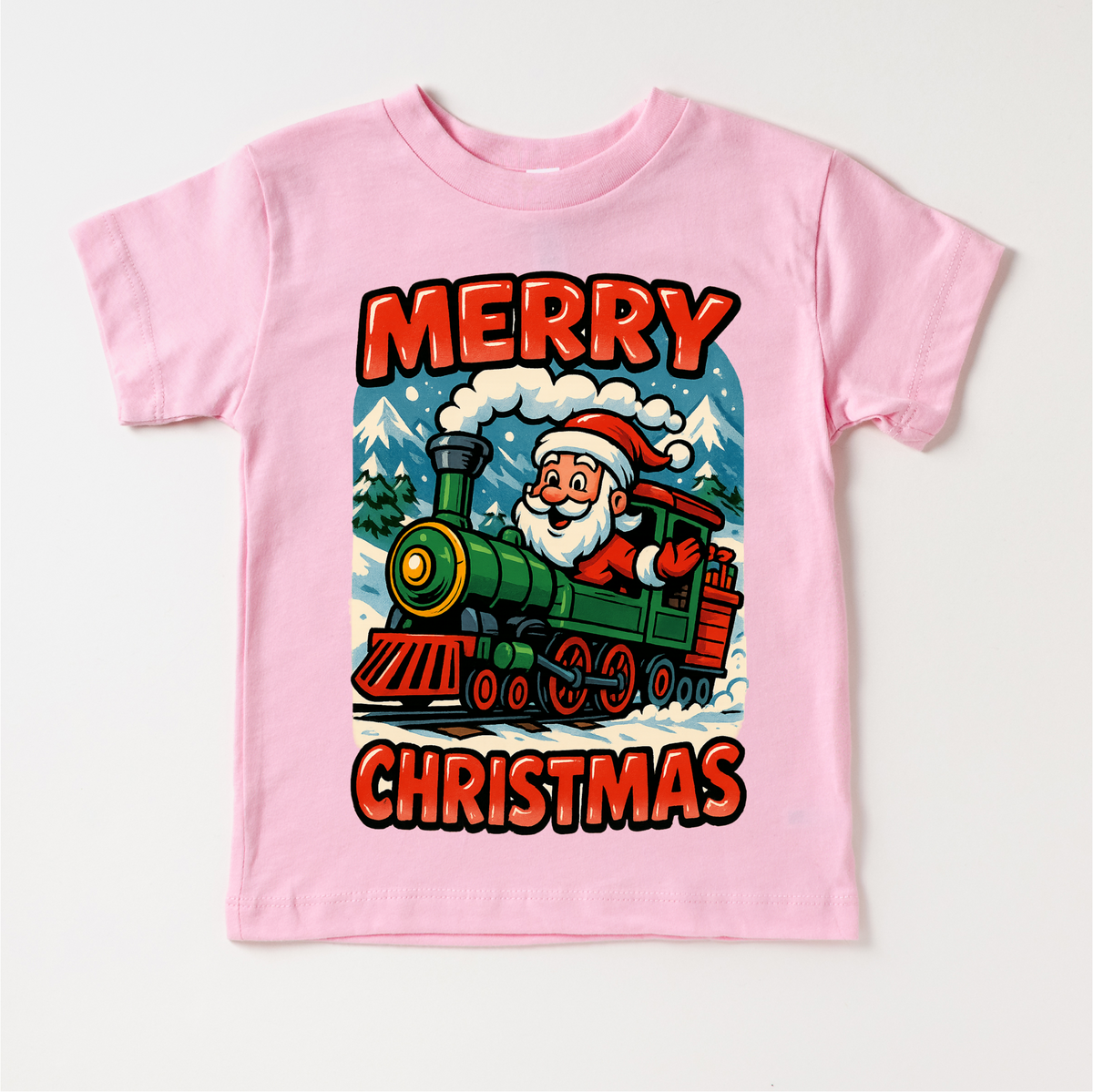 Merry Christmas Santa Train design on a pink garment.