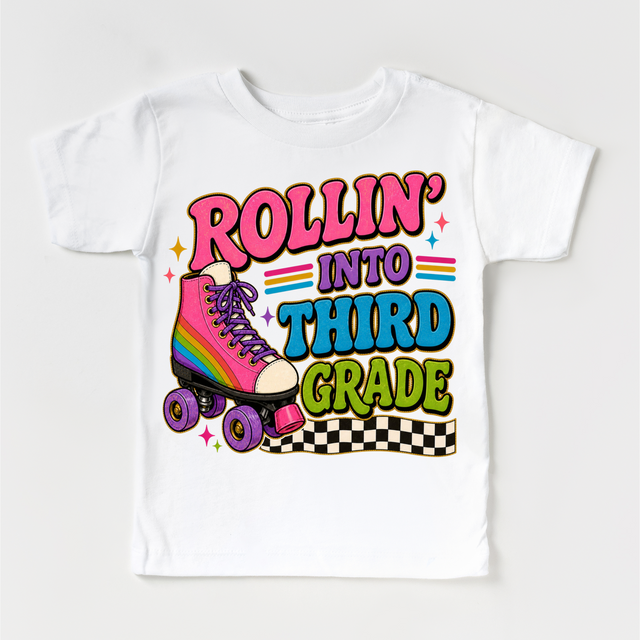 Rollin’ Into Third Grade Roller Skate Shirt, Girls Back To School Tee, 3rd Grade First Day Of School Shirt, Retro Rainbow Skate Graphic Tee